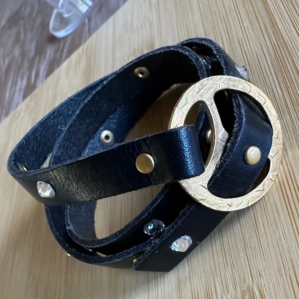 Black Leather Wrap Bracelet w/ Antique Gold & Crystal Accents